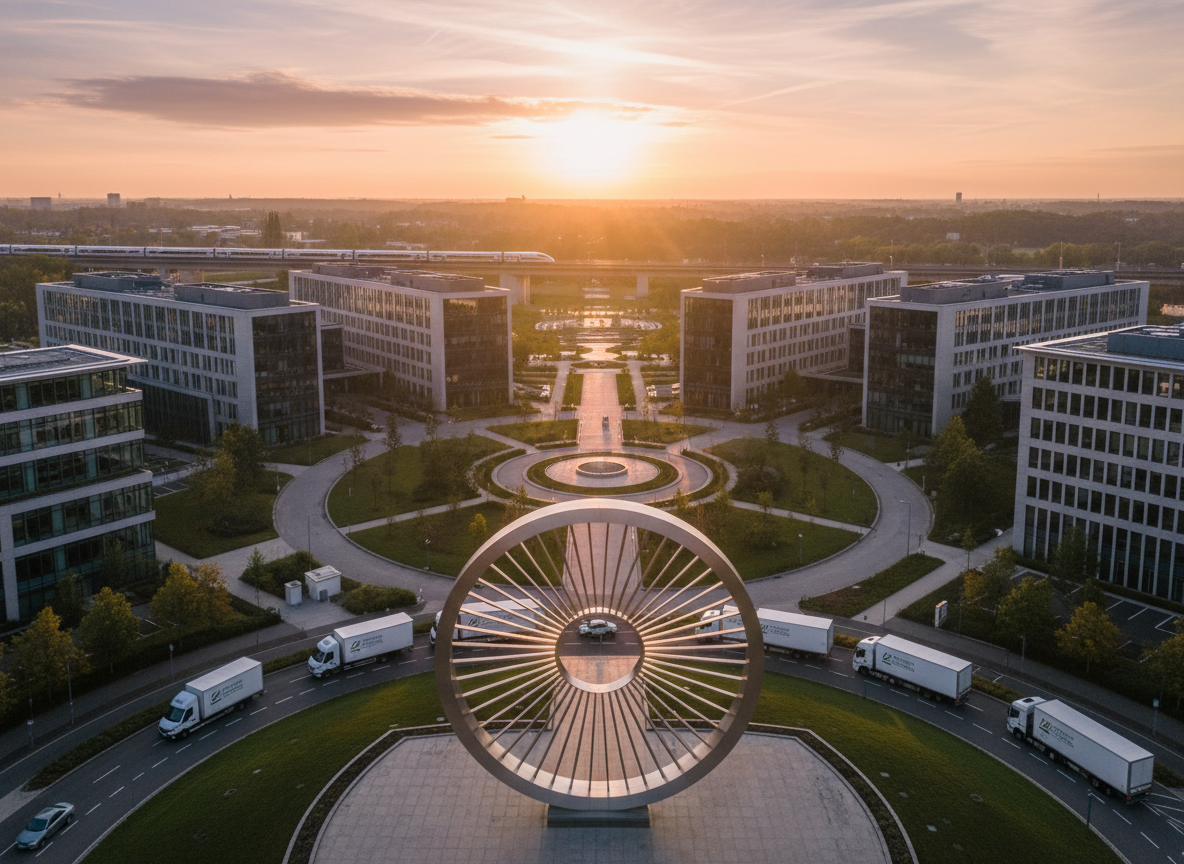 A panoramic aerial photographic view of a modern German business campus at sunrise, with several sleek glass-and-steel office buildings surrounding a landscaped central plaza. In the foreground, a sun-inspired circular sculpture made of brushed metal reflects the warm golden light. Electric delivery vans, freight trucks, and a high-speed train in the distance subtly indicate trade and transport activity. Soft early morning light creates long, gentle shadows and a calm, professional mood. Captured in crisp, realistic detail with a slightly elevated angle and sharp focus throughout, evoking a sense of scale, innovation, and the diversified strength of a comprehensive business group headquartered in Germany.